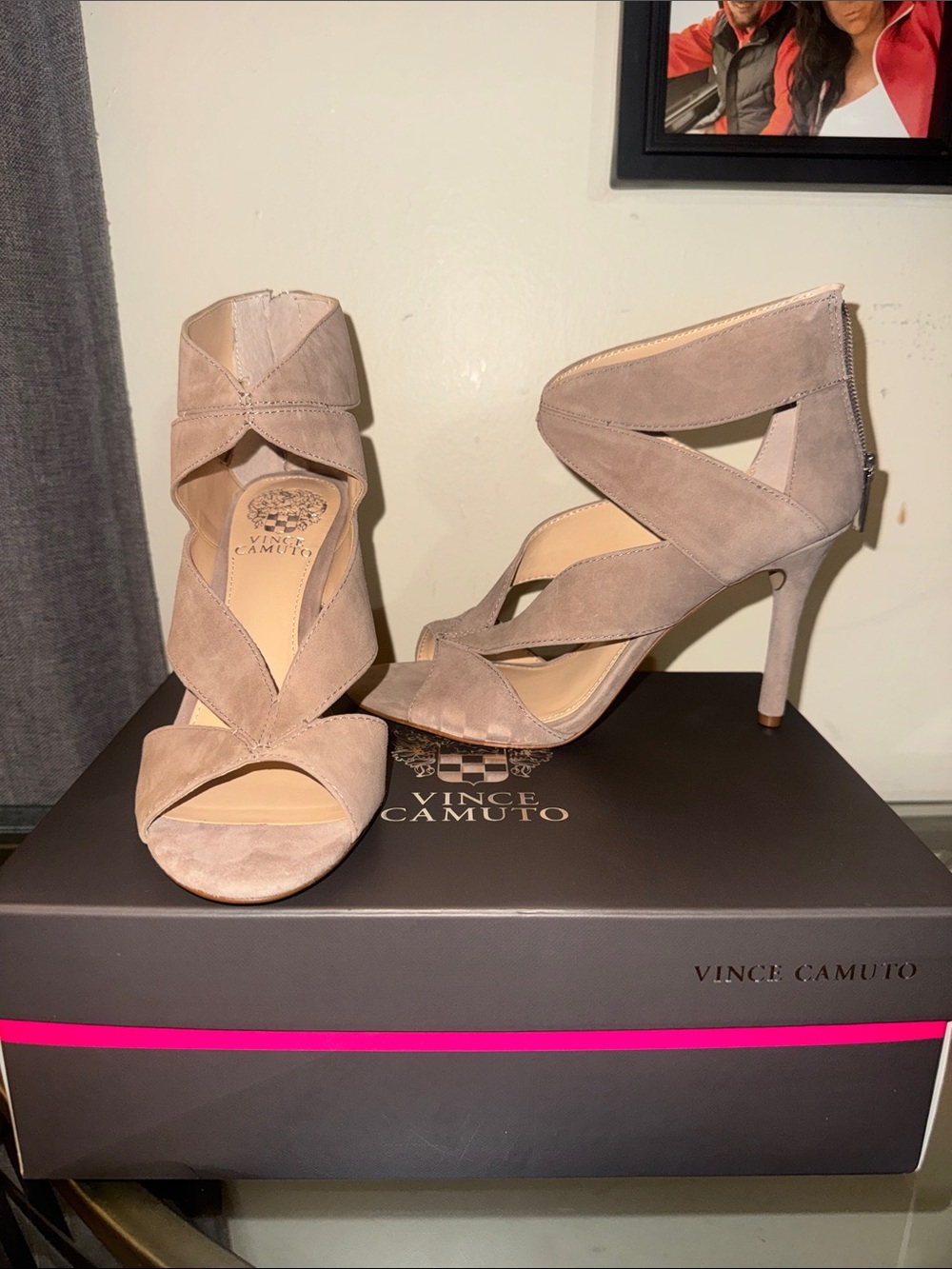 Vince Camuto Taupe Suede Cutout Stiletto Sandals